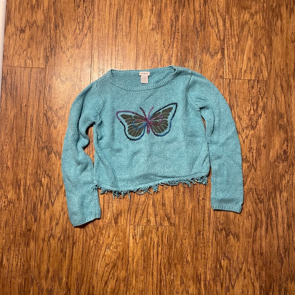 Guess Butterfly 90s cropped Teal Sweater